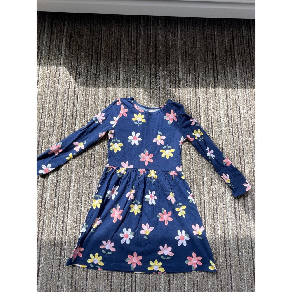 Carters Kid Girls Navy Blue Floral Long Sleeve Jersey Knit Dress Size 5 5A